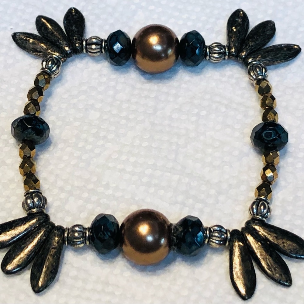 Hand Crafted Bracelet Brown Gold Black Glass Beads Stretch #24